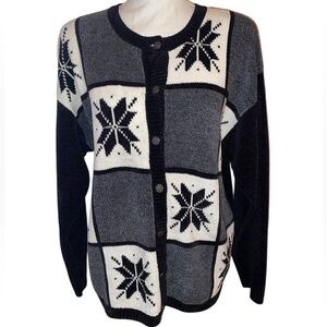 CHRISTOPHER & BANKS Holiday Sweater Snowflake Black White Gray Size Large